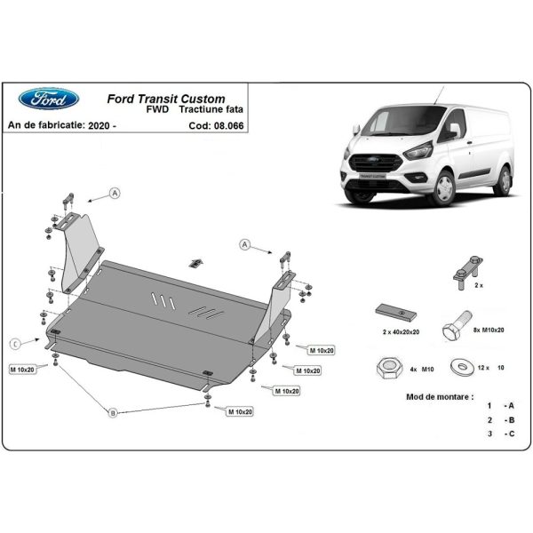 Steel Skid Plate, Engine And The Gearbox Ford Transit Custom FWD 2020-2023