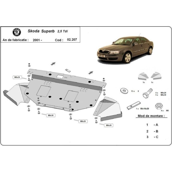 Steel Skid Plate Skoda Superb 2.5 TDI, V6 2001-2008