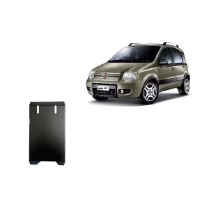 Steel differential skid plate for Fiat Panda 4x4 (2003–2012) with protective black metal plate and Panda 4x4 side view.