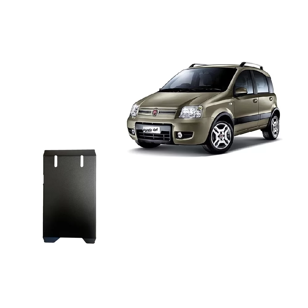 Steel differential skid plate for Fiat Panda 4x4 (2003–2012) with protective black metal plate and Panda 4x4 side view.