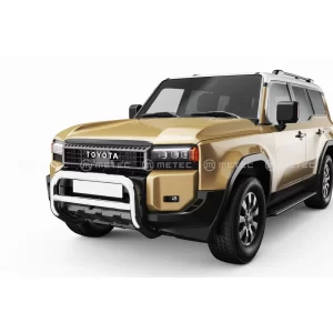 Front-side view of a gold Toyota Land Cruiser 250 (2024 model) equipped with a polished stainless steel Eurobar featuring a 76 mm main bar and 60 mm cross tube.