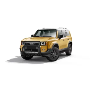 Front three-quarter view of a yellow Toyota Land Cruiser 250 (2024 model) featuring a minimalist polished stainless steel front bar without crossbar, designed to protect the lower bumper while maintaining full sensor and camera compatibility.