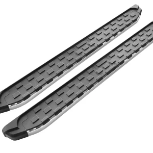 Pair of NS5 aluminum side steps displayed on a white background, featuring a sleek black tread with raised grip patterns and silver trim edges, designed for Peugeot 3008 (2016+).