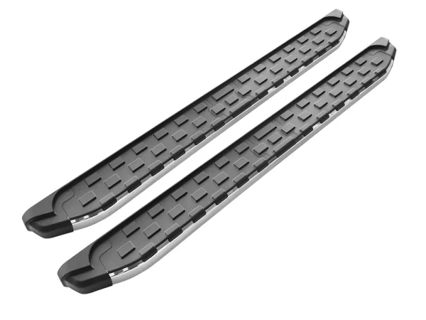 Pair of NS5 aluminum side steps displayed on a white background, featuring a sleek black tread with raised grip patterns and silver trim edges, designed for Peugeot 3008 (2016+).