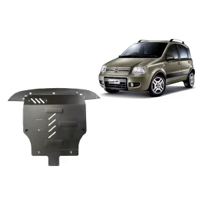 Steel skid plate and Fiat Panda 4x4 (2003-2012) side view, showing protective metal plate for engine, gearbox, radiator and bumper.