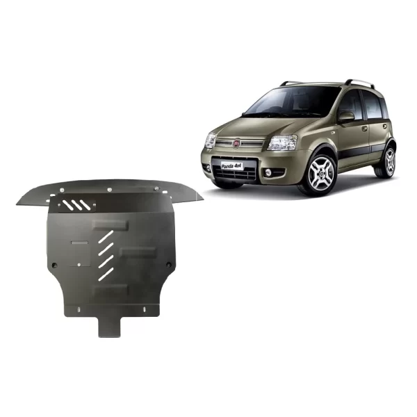 Steel skid plate and Fiat Panda 4x4 (2003-2012) side view, showing protective metal plate for engine, gearbox, radiator and bumper.