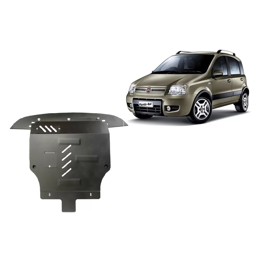 Steel skid plate and Fiat Panda 4x4 (2003-2012) side view, showing protective metal plate for engine, gearbox, radiator and bumper.