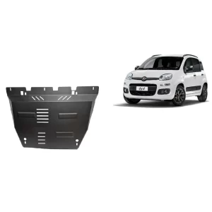 Steel engine skid plate for Fiat Panda 4x4 (2011–2025), shown with reinforced design and white Panda 4x4 vehicle