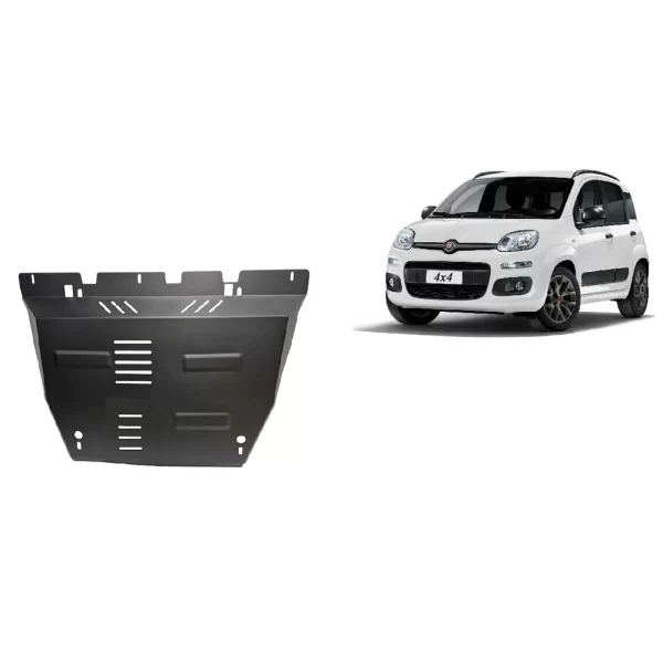 Steel engine skid plate for Fiat Panda 4x4 (2011–2025), shown with reinforced design and white Panda 4x4 vehicle