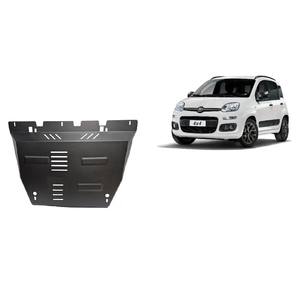 Steel engine skid plate for Fiat Panda 4x4 (2011–2025), shown with reinforced design and white Panda 4x4 vehicle