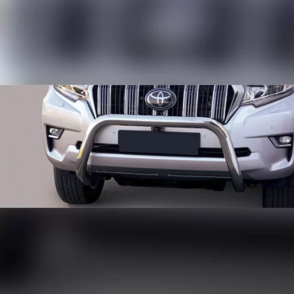 Front view of a silver 2018 Toyota Land Cruiser 5-door equipped with a polished stainless steel bull bar featuring a 76 mm diameter pipe, mounted for front-end protection.