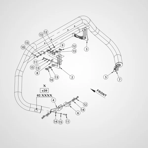 This image is a detailed black-and-white line drawing showing the full assembly and mounting components of a stainless steel bull bar. It features numbered parts including brackets, bolts, washers, and the main tubular structure. The bull bar has a wide curved top with downward-angled arms, designed to wrap around the front of a van. An arrow labeled “FRONT” indicates orientation, and the drawing is annotated to guide correct installation. The diagram provides an exploded view, showing how each component fits together.