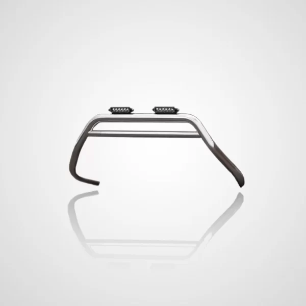 Displayed against a clean white background, this image shows the bull bar on its own. It’s made of polished stainless steel tubing with a glossy mirror finish. Two rectangular LED lights are mounted on top of the main horizontal tube. The shape of the bull bar is rounded with angled side arms that bend inward at the bottom, designed to mount onto the vehicle's front bumper. The integrated LED lights suggest enhanced visibility and off-road functionality.