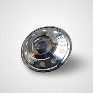Front view of a highly polished 16-inch stainless steel hubcap with a reflective chrome-like finish. The surface is slightly domed, with concentric circular ridges and a central raised dome. A series of circular cut-outs runs along the outer edge, evenly spaced and symmetrical, offering a balance of style and ventilation.