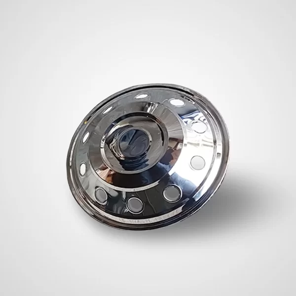 Front view of a highly polished 16-inch stainless steel hubcap with a reflective chrome-like finish. The surface is slightly domed, with concentric circular ridges and a central raised dome. A series of circular cut-outs runs along the outer edge, evenly spaced and symmetrical, offering a balance of style and ventilation.