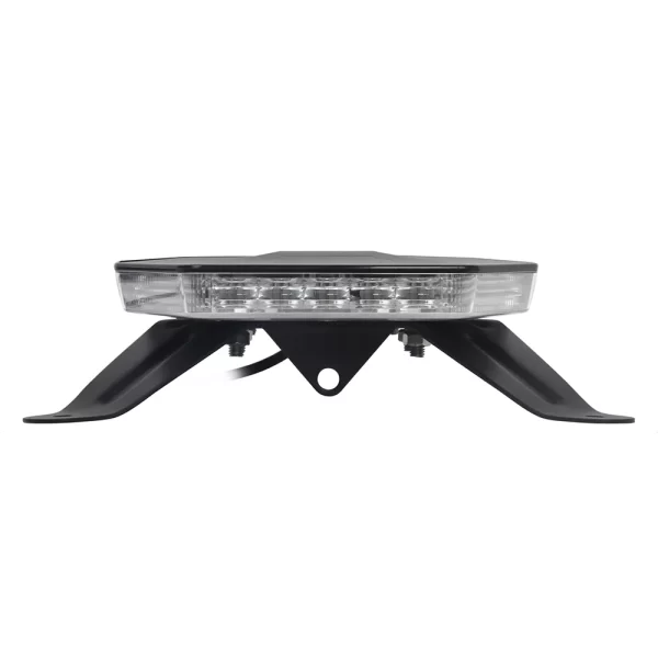 Close-up front view of a compact amber LED lightbar. The clear lens covers two horizontal rows of LEDs arranged in parallel. The black housing is angular and symmetrical. It’s mounted using wide, black metal feet that curve outward to provide support. The finish is sleek, and the structure appears durable and aerodynamic.