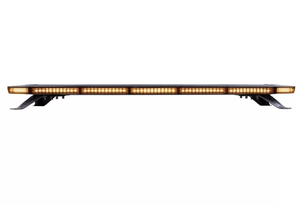 Wide, horizontal LED lightbar shown from the front with all amber LEDs illuminated. The lightbar emits a uniform amber glow across its full width, segmented into evenly spaced rectangular sections. It sits on four thin black brackets, slightly lifting it above a flat white surface. The design is slim and elongated, ideal for roof mounting.