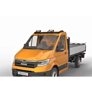 An orange MAN TGE flatbed truck is viewed from the front-left angle, showcasing a matte black roof bar mounted at the front edge of the roof. The tubular bar, with a 60mm diameter, supports three LED spotlights, evenly spaced and facing forward. The vehicle has a compact, utility-focused cabin with a dark grille, black bumper, and contrasting gray bed at the rear. The black finish of the roof bar gives it a subtle, rugged appearance, suited for work environments where additional lighting and visibility are essential.