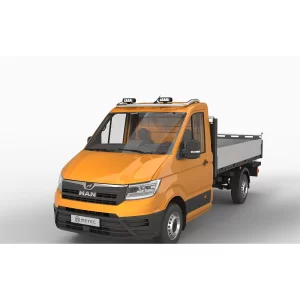 An orange MAN TGE flatbed truck is displayed from a front-side angle, highlighting its cabin and roof area. Mounted above the windshield is a stainless steel roof bar with a 60mm tubular diameter. The bar spans the front roof edge and holds three LED spotlights, evenly spaced for balanced forward illumination. The truck has a compact, utilitarian design with a black grille, matte black lower bumper, and silver side mirrors. The polished steel roof bar adds a professional, high-visibility look ideal for work environments or roadside service use.