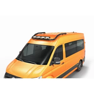 A bright orange MAN TGE van is viewed from a high front-side angle, showcasing a matte black roof bar mounted at the front edge of the van’s roof. The tubular bar has a 60mm diameter and follows the vehicle’s curved roofline with smooth bends along the edges. It supports four forward-facing LED spotlights, evenly spaced along the bar, enhancing the vehicle's illumination for night driving or worksite visibility. The dark finish contrasts with the vivid orange paint, giving the van a bold, purposeful look well-suited for commercial or off-road applications.