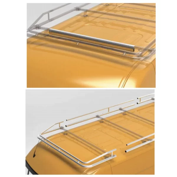 Two detailed renderings of the rear portion of the roof rack. The top section highlights a cylindrical stainless steel roller installed horizontally at the rear edge — intended to ease loading from behind. The bottom section shows an open-ended version of the rack with side rails tapering downward, allowing for the roller to be mounted later or left off depending on user needs.