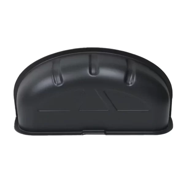 Single black plastic wheel arch cover, shaped like a half-dome. The smooth outer surface features subtle raised reinforcements and shallow geometric lines for strength. Its wide base and rounded top are designed to shield the interior wheel arch area from cargo impact and dirt.