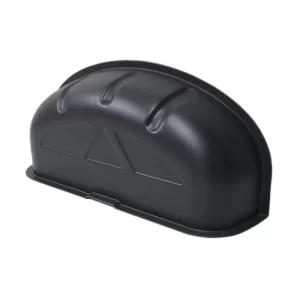 Angled view of the same wheel arch cover, showing its curved profile and integrated ridges for reinforcement. The matte black finish and gently flared base suggest it is lightweight yet sturdy, molded to fit snugly over the wheel housing inside the van.