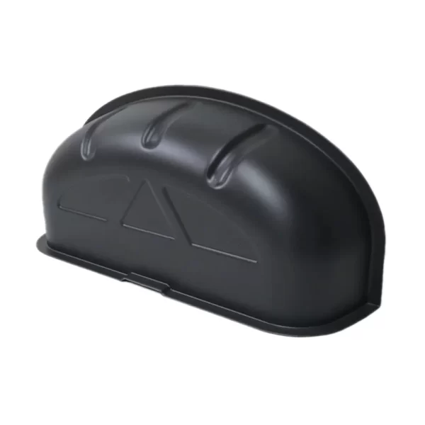 Angled view of the same wheel arch cover, showing its curved profile and integrated ridges for reinforcement. The matte black finish and gently flared base suggest it is lightweight yet sturdy, molded to fit snugly over the wheel housing inside the van.